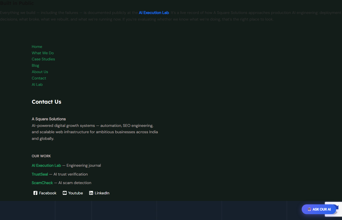 About page showing Built in Public section with AI Execution Lab hyperlink