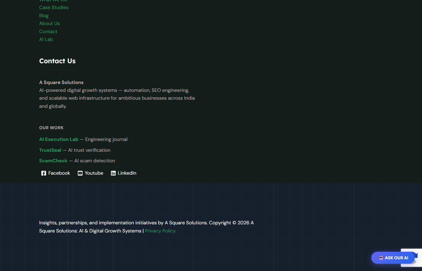 Footer showing OUR WORK widget with AI Execution Lab, TrustSeal and ScamCheck links