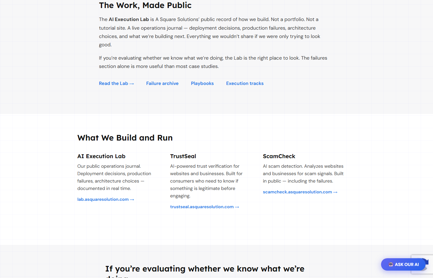 Homepage showing The Work Made Public section and What We Build and Run 3-col layout