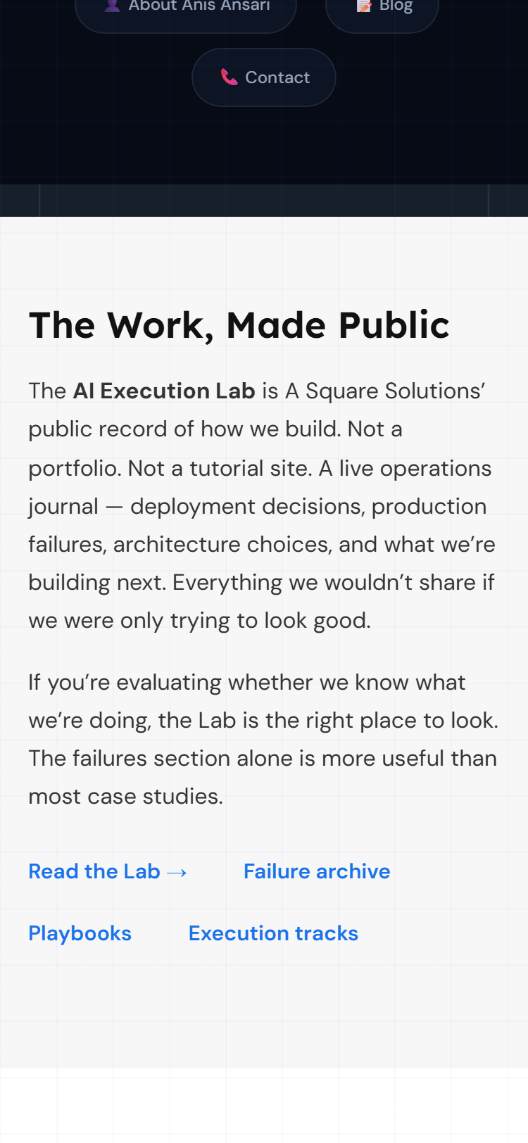 Mobile homepage at 375px showing The Work Made Public section stacked correctly