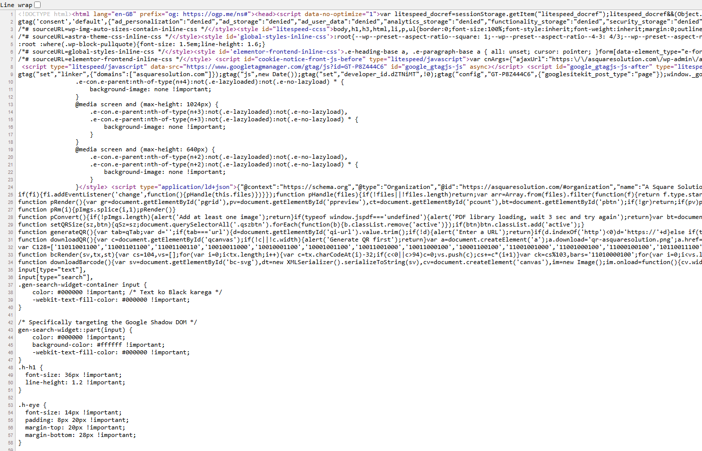 view-source showing application/ld+json Organization schema in page head